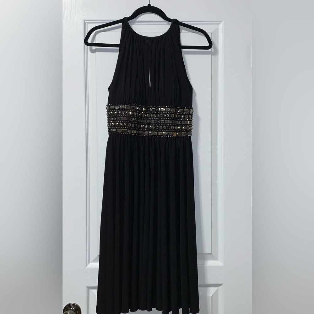 High neck imperial waist black cocktail dress